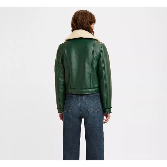 Levi’s Women’s Green Vegan Leather Sherpa Crop Moto Jacket Size Large. - Picture 4 of 16